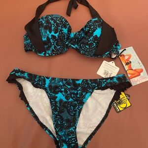 Body Glove bikini lace print black and turquoise NEW